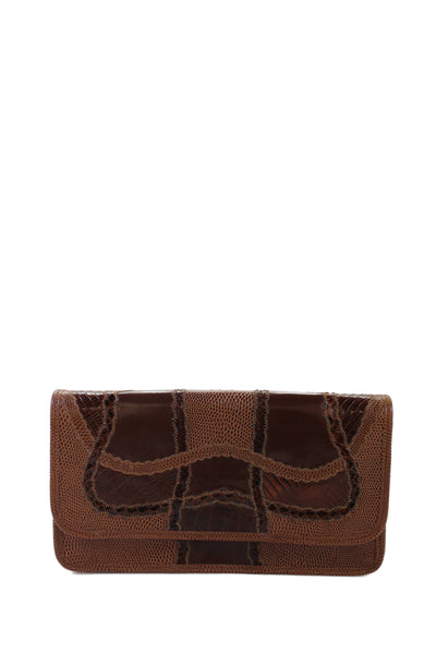 Carlos Falchi Womens Leather Embossed Flap Clutch Bag Handbag Brown