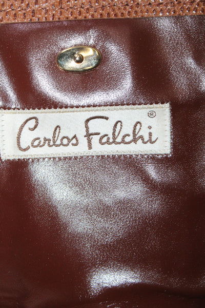 Carlos Falchi Womens Leather Embossed Flap Clutch Bag Handbag Brown