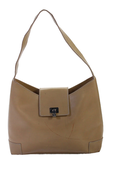 Lambertson Truex Womens Leather Silver Tone Flip Lock Shoulder Handbag Beige