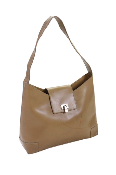 Lambertson Truex Womens Leather Silver Tone Flip Lock Shoulder Handbag Beige