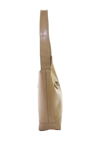 Lambertson Truex Womens Leather Silver Tone Flip Lock Shoulder Handbag Beige