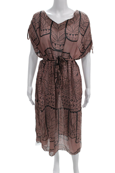 Mara Hoffman Women Kaftan Maxi Dress Brown Silk Geometric Drawstring Size M