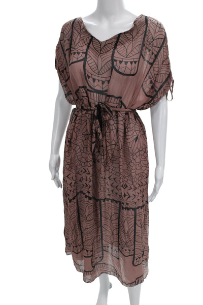 Mara Hoffman Women Kaftan Maxi Dress Brown Silk Geometric Drawstring Size M
