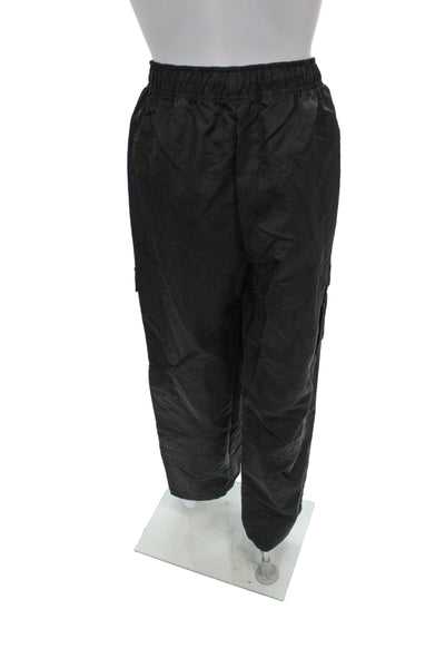 Running Bare Unisex Cargo Windbreaker Pants Black Nylon Drawstring Size 12