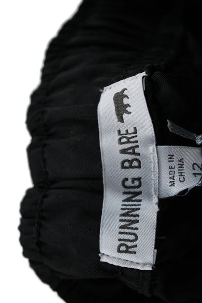 Running Bare Unisex Cargo Windbreaker Pants Black Nylon Drawstring Size 12