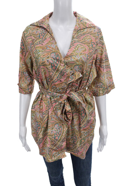 Suboo Womens Green Kimono Blouse Button Up Paisley 3/4 Sleeve Size XS