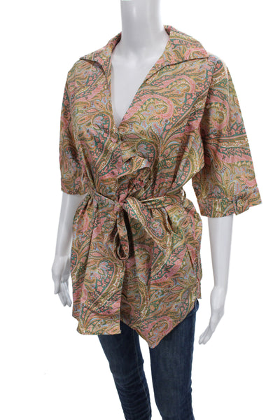 Suboo Womens Green Kimono Blouse Button Up Paisley 3/4 Sleeve Size XS