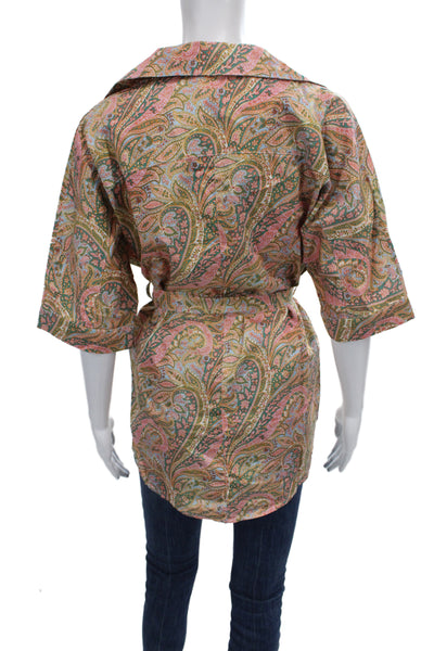 Suboo Womens Green Kimono Blouse Button Up Paisley 3/4 Sleeve Size XS
