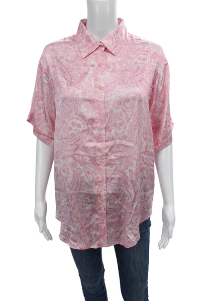 Frankies Bikinis Women Paisley Silk Button Up Blouse Pink Size XS