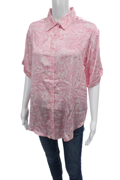 Frankies Bikinis Women Paisley Silk Button Up Blouse Pink Size XS