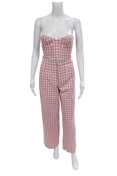 Zara Women Check Sleeveless Sweetheart Cotton Polyester Pants Set Pink Size S