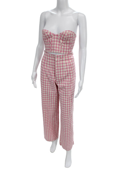 Zara Women Check Sleeveless Sweetheart Cotton Polyester Pants Set Pink Size S