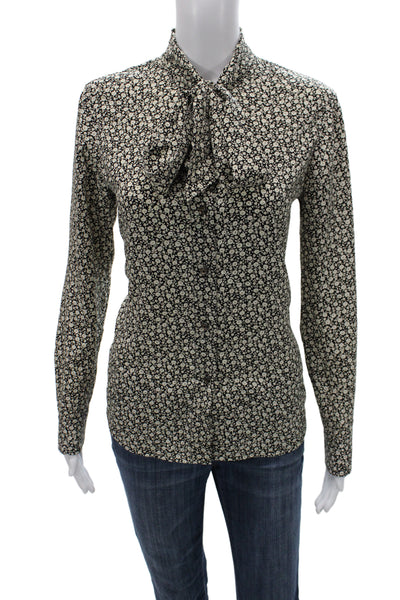 Tory Burch Women Black Silk Floral Collared Button Up Blouse Long Sleeve Size 4