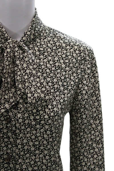 Tory Burch Women Black Silk Floral Collared Button Up Blouse Long Sleeve Size 4