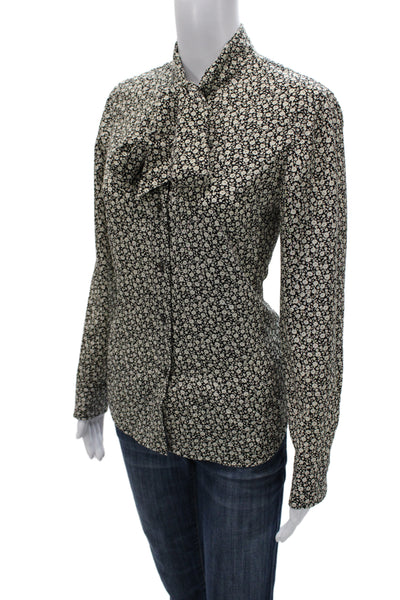 Tory Burch Women Black Silk Floral Collared Button Up Blouse Long Sleeve Size 4
