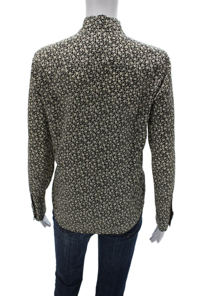 Tory Burch Women Black Silk Floral Collared Button Up Blouse Long Sleeve Size 4