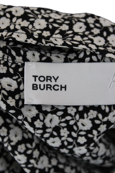 Tory Burch Women Black Silk Floral Collared Button Up Blouse Long Sleeve Size 4