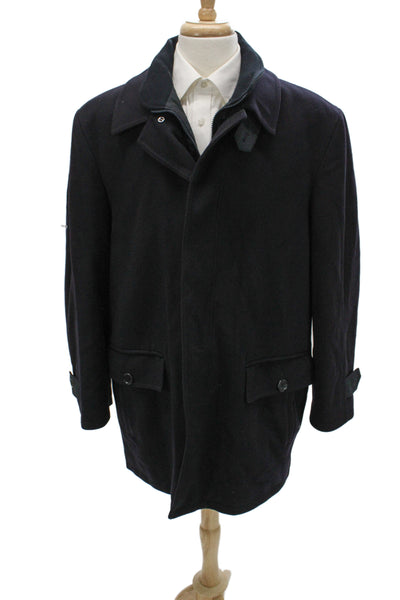 Rothmans Mens Overcoat Dark Blue Collared Long Sleeve Button 75% Wool Size 56