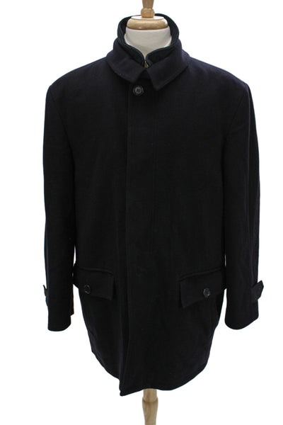 Rothmans Mens Overcoat Dark Blue Collared Long Sleeve Button 75% Wool Size 56