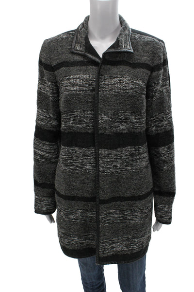Worth New York Women Black Striped Collared Long Sleeve Coatigan Classic Size M