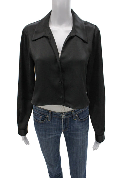 Zara Women Cropped Collared Button Up Blouse Black Polyester Blend 90s Size L