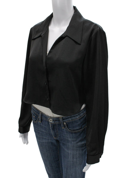 Zara Women Cropped Collared Button Up Blouse Black Polyester Blend 90s Size L