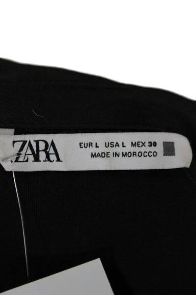 Zara Women Cropped Collared Button Up Blouse Black Polyester Blend 90s Size L