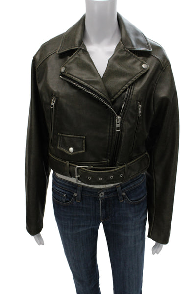 Zara Womens Biker Motorcycle Jacket Green Collared Long Sleeve Size S
