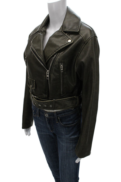 Zara Womens Biker Motorcycle Jacket Green Collared Long Sleeve Size S