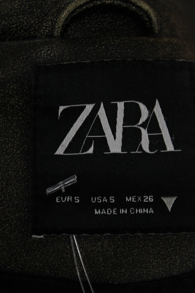 Zara Womens Biker Motorcycle Jacket Green Collared Long Sleeve Size S