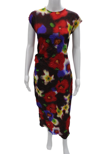 Zara Women Sheath Dress Black Floral Short Sleeve Midi Polyester Zip Size L