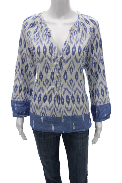 Joie Women Tunic Blouse White V-Neck Geometric Long Sleeve Button-Up Size L