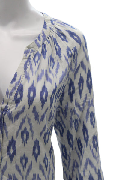 Joie Women Tunic Blouse White V-Neck Geometric Long Sleeve Button-Up Size L