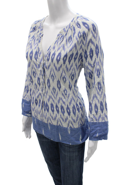 Joie Women Tunic Blouse White V-Neck Geometric Long Sleeve Button-Up Size L