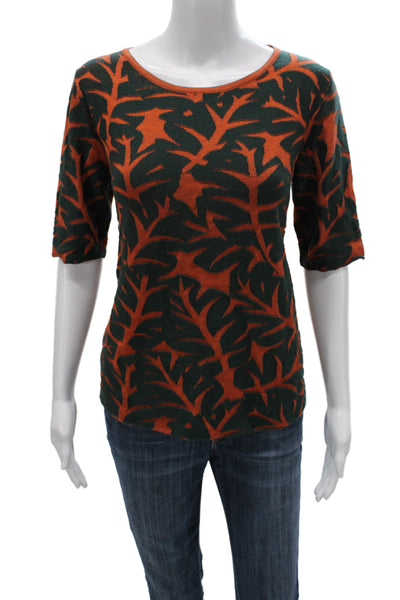 Akris Punto Women Green Wool Jersey Tee Floral Round Neck 3/4 Sleeve Size 4