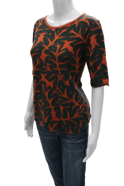 Akris Punto Women Green Wool Jersey Tee Floral Round Neck 3/4 Sleeve Size 4