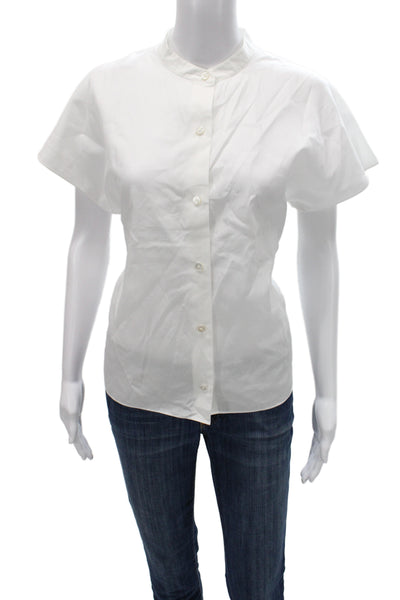 Theory Women Basic White High Neck Button Short Sleeve Cotton Blouse Size L
