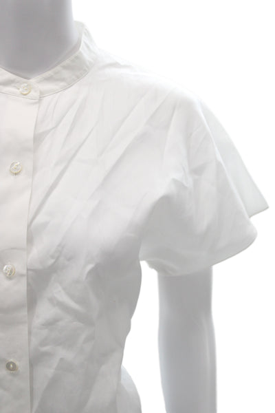 Theory Women Basic White High Neck Button Short Sleeve Cotton Blouse Size L