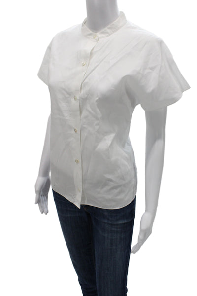 Theory Women Basic White High Neck Button Short Sleeve Cotton Blouse Size L