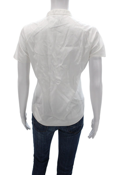 Theory Women Basic White High Neck Button Short Sleeve Cotton Blouse Size L