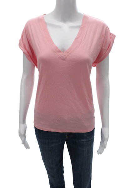 Frame Women Basic Pink V-Neck Cotton Short Sleeve T-Shirt Size L