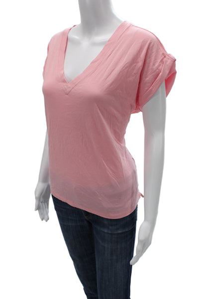 Frame Women Basic Pink V-Neck Cotton Short Sleeve T-Shirt Size L