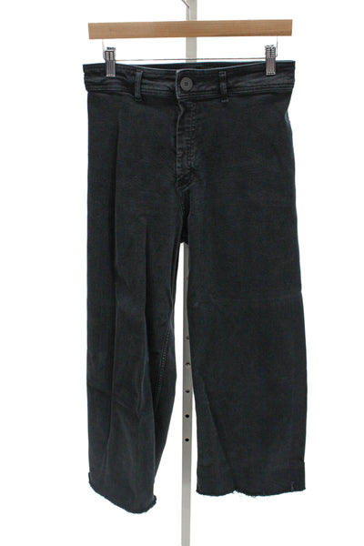 Zara Women Cropped Wide Leg Jeans Black High Rise Cotton Button Size 8
