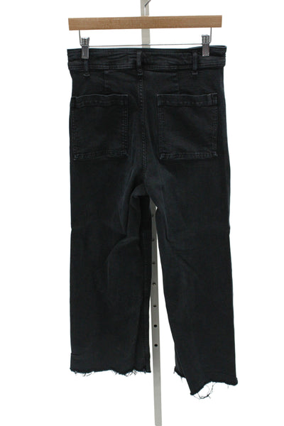 Zara Women Cropped Wide Leg Jeans Black High Rise Cotton Button Size 8