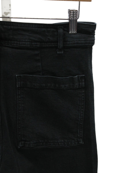 Zara Women Cropped Wide Leg Jeans Black High Rise Cotton Button Size 8