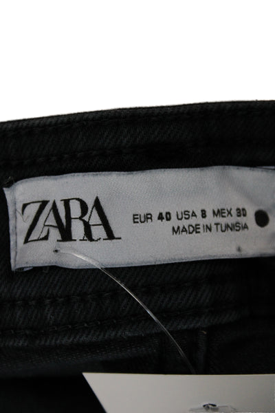 Zara Women Cropped Wide Leg Jeans Black High Rise Cotton Button Size 8