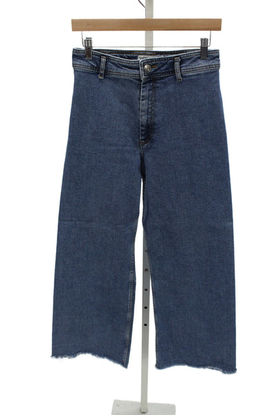 Zara Women Cropped Wide Leg Jeans Dark Blue High Rise Button Size 8