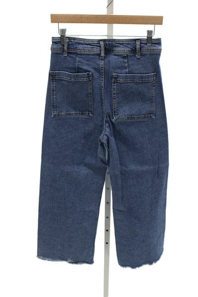 Zara Women Cropped Wide Leg Jeans Dark Blue High Rise Button Size 8