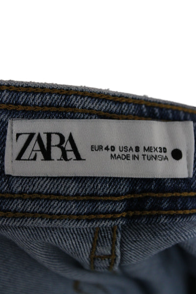 Zara Women Cropped Wide Leg Jeans Dark Blue High Rise Button Size 8
