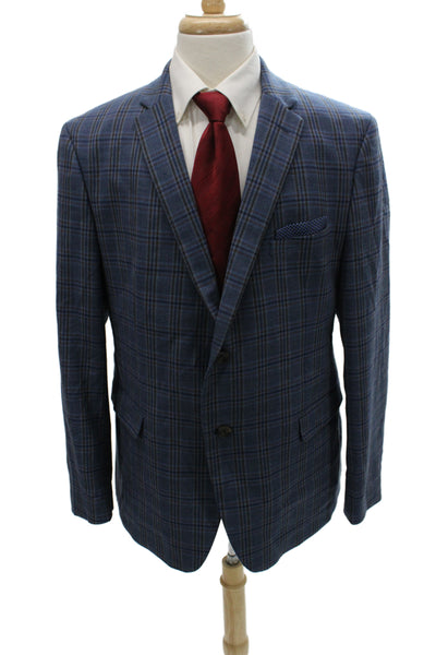 Penguin Mens Plaid Blue Button Blazer Wool Blend Long Sleeve Size 42